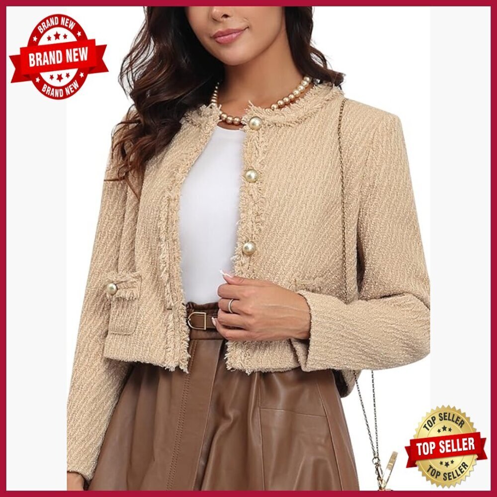 Tweed Blazer Cropped Collarless Long Sleeve with Pockets Office Casual